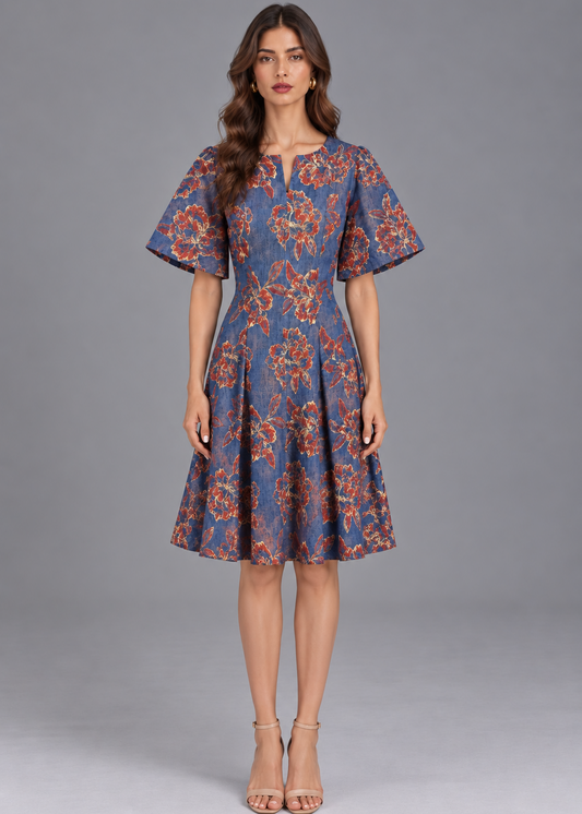 Golden Blue Jacquard Dress