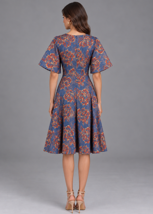 Golden Blue Jacquard Dress